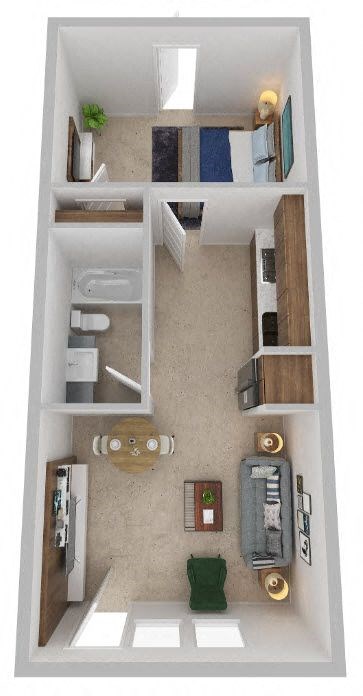 Floor plan for 1 bed, 1 bath, 580 sqft